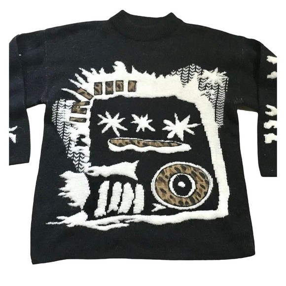 Vtg 80s 90s Kitty Hawk Vivian Wang Abstract Crew Pullover Sweater Cheetah M L - Picture 1 of 15